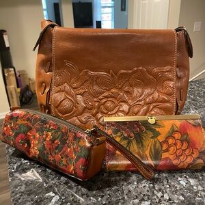 Patricia Nash Brown Boho Embossed Leather Crossbody with pouch and wallet